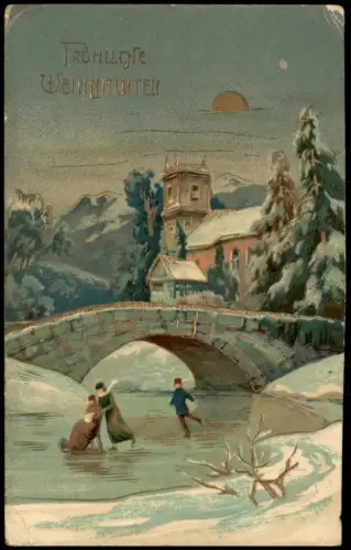 Weihnachten Christmas Winternacht Schlittschuhlaufen 1913 Goldprägung