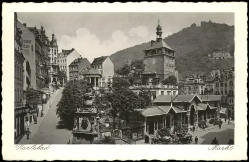 Postcard Karlsbad Karlovy Vary Stadtteilansicht Partie am Markt 1940