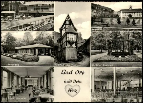 Bad Orb Mehrbild-AK u.a. Musik-Halle, Bahnhof, Dr. Scherf Denkmal uvm. 1955