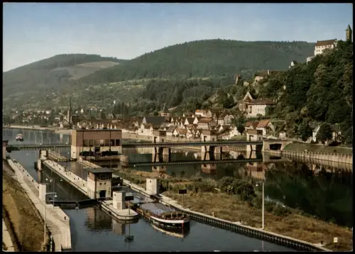 Hirschhorn (Neckar) Neckarschleuse mit Stadtansicht und Schloss 1965