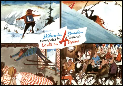 Ansichtskarte  4 Bild Skikurs in 4 Stunden Skikurs Scherzkarte 1989