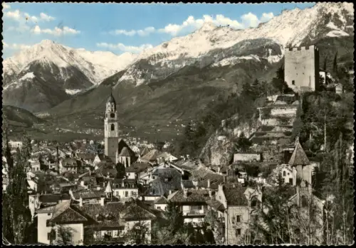 Meran Merano Stadtpanorama mit Pfarrkirche St. Nikolaus und Zenoburg 1963