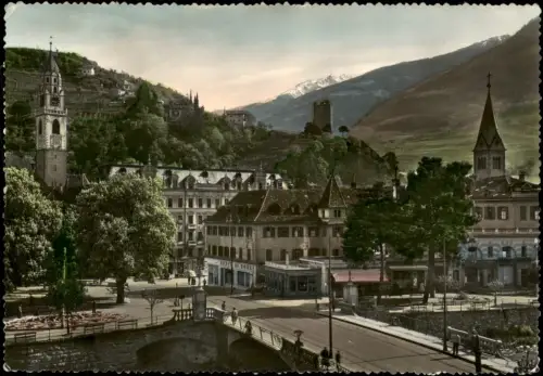 Meran Merano Panorama von Meran mit Postbrücke und Zenoburg 1957