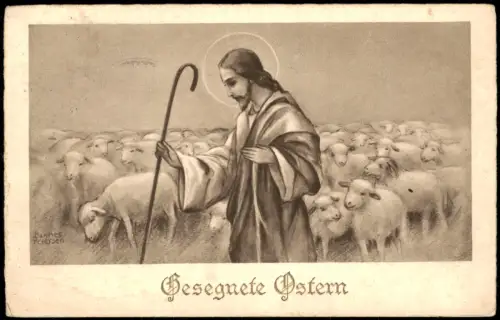 Gesegnete Ostern Ostern Easter Künstlerkarte  Jesu Schafe 1933 Stempel KARLSBAD