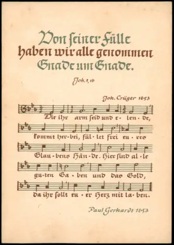 Gnade um Gnade Religiöse Liedkarte Noten & Text Paul Gerhardt 1953