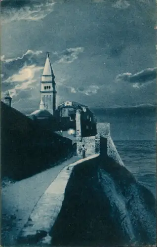 Postcard Piran Pirano Stadtpartie bei Mondschein Blaudruck 1913