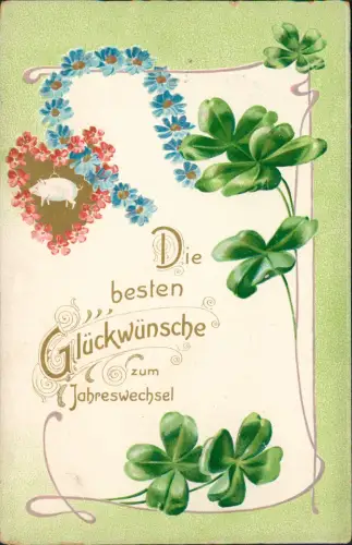 Neujahr Sylvester New Year Glücksschwein Kleeblatt Gold 1906 Goldprägung