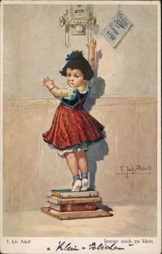 Ansichtskarte  Kinder Künstlerkarte Immer noch zu klein Mädchen Telefon 1918