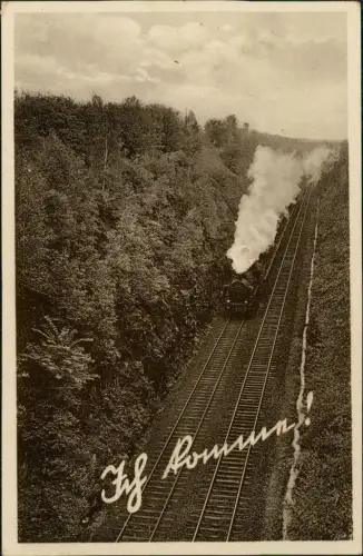 Ansichtskarte  Ich Komme! Dampflokomotive im Wald 1932  Verlag Läufer Görlitz