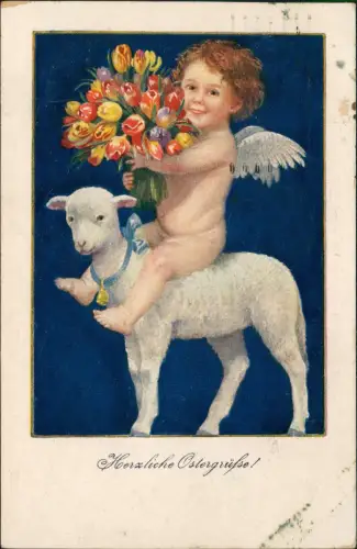 Ansichtskarte  Ostern Easter Junge als Engel reitet auf Osterlamm Tulpen 1920