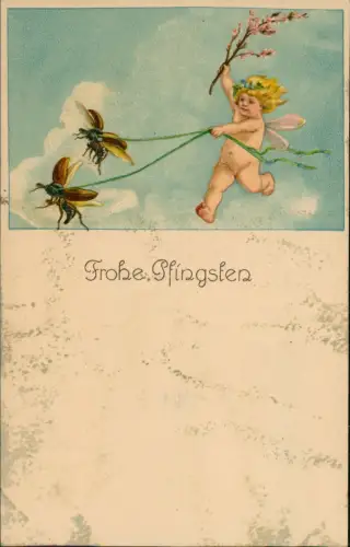 Pfingsten Pentecost Engel hat Maikäfer am Zügel Künstlerkarte 1922