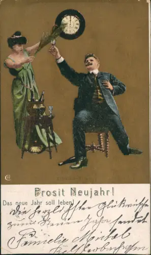 Ansichtskarte  Neujahr Sylvester New Year Traum Prosit Gold 1908 Gold-Effekt