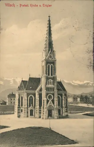 Ansichtskarte Villach Protest. Kirche u. Triglav Straßenblick 1906