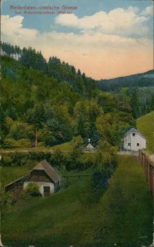 Ansichtskarte Mönichkirchen Stadtpartie - Grenze zur NÖ-Stermark Grenze 1918