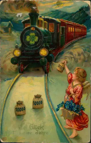 Neujahr Sylvester New Year Dampflokomotive Glücksklee Engel 1909 Gold