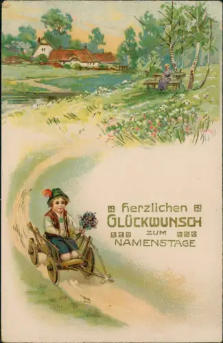 Ansichtskarte  Geburtstag Birthday Dorf JUnge im Bollerwagen 1918 Gold