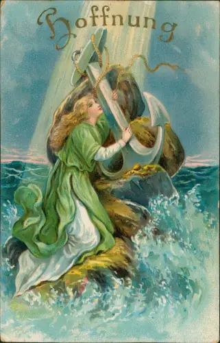 Künstlerkarte Frau am Anker - Hoffnung in Goldschrift Prägekarte 1911 Gold