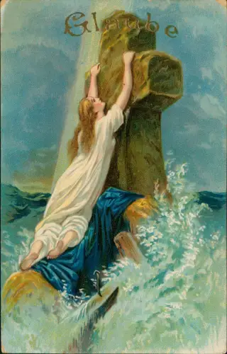 Künstlerkarte  Frau am Kreuz in Glaube Goldschrift Prägekarte 1912 Gold