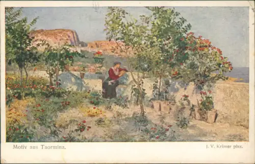 Cartolina Taormina Motiv aus Garten mit Frau - Sizilien Sicilia 1912