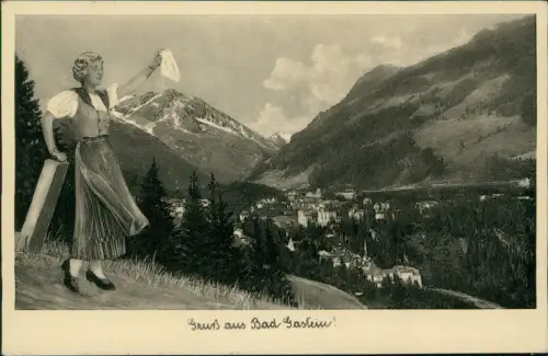 Bad Gastein Frau in Tracht Taschentuch winkend vor der Stadt 1937
