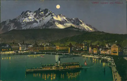 Ansichtskarte Luzern Lucerna Stadt und Pilatus Dampfer Mondschein 1914
