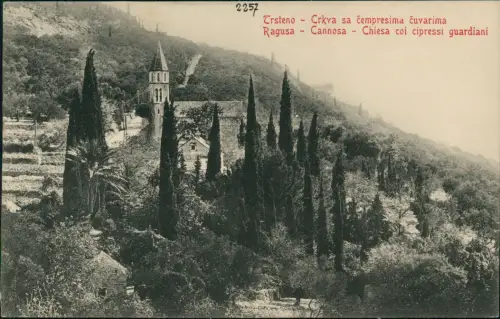 Ragusa Dubrovnik Trsteno Cannosa Chiesa coi Cipressi guardiani 1909