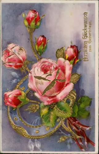 Ansichtskarte  Geburtstag Birthday Rosen Hufeneisen in Gold Präge 1934 Gold