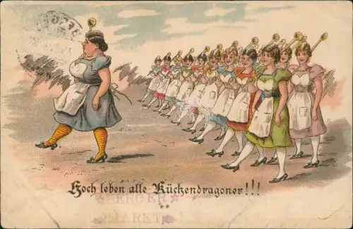 Litho AK Scherzkarte Frauen als Soldaten Hoch leben alle Küchendragoner!!! 1902