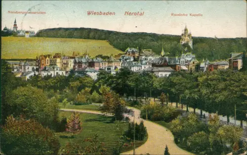 Ansichtskarte Wiesbaden Nerotal Russische Kapelle Nerobergrestauration 1907