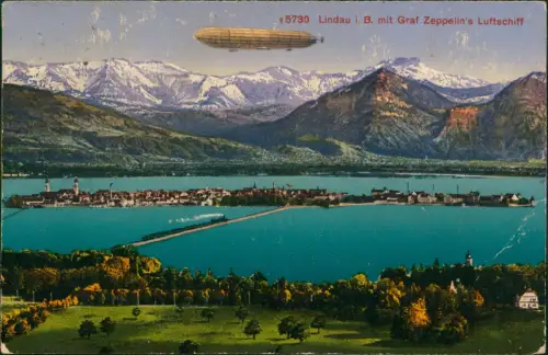 Ansichtskarte Lindau (Bodensee) mit Graf Zeppelin Luftschiff 1916