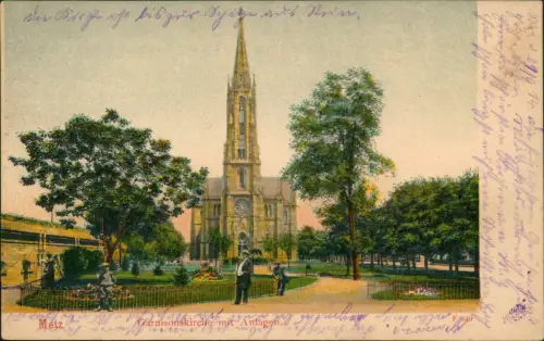 CPA Metz Garnisionskirche mit Anlagen 1914  gel. Regimentsstempel