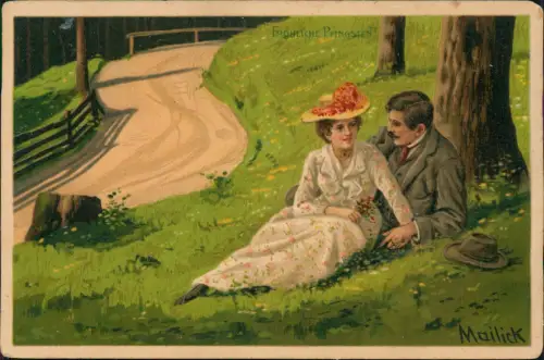 Künstlerkarte: Erik Mailick Liebespaar auf Wiese Pfingsten Pentecost 1908