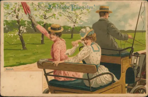 Pfingsten Pentecost Künstlerkarte Erik Mailick Frauen Kutsche 1908 Mailick