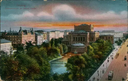 Ansichtskarte Leipzig Straße Schwanenteich am Nuen Theater Stimmungsbild 1914