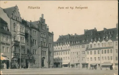 Ansichtskarte Mittweida Markt mit Kgl. Amtsgericht 1912