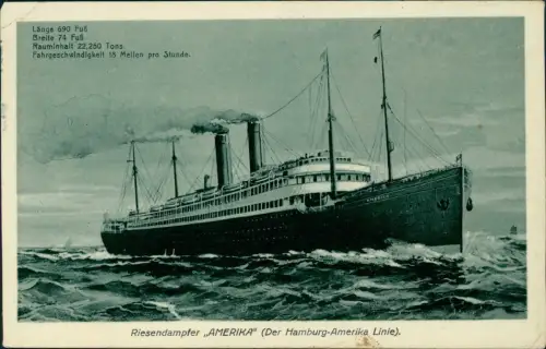 Ansichtskarte  Schiffe Dampfer Steamer Amerika Hamburg Amerika Linie 1910
