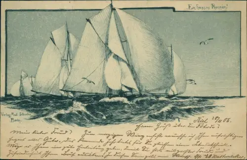 Ansichtskarte  Schiffe Segelschiffe Künstlerkarte Ein heisses Rennen! 1906