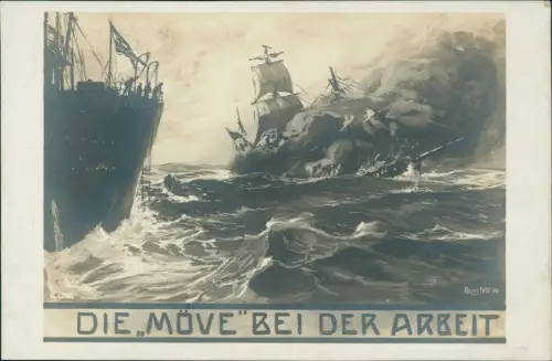 Ansichtskarte  Die Möve bei der Arbeit - Künstlerkarte Marine 1915