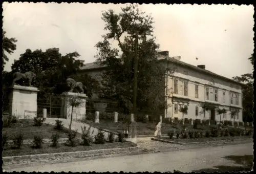 Gyöngyös Straßenpartie mit Orczy-Schloss und Löwenstatuen 1958