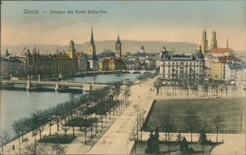 Ansichtskarte Zürich Utoquai mit Hotel Belle-Vue. 1910
