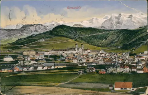 Ansichtskarte Einsiedeln Stadtpartie mit Bahnhof - Künstlerkarte 1915