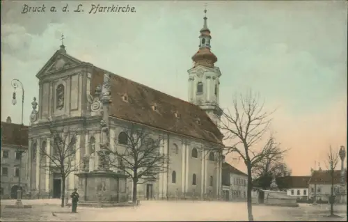 Ansichtskarte Bruck Leitha Partie Pfarrkirche 1917   gel. KuK Milität-Pflege
