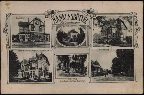 Ansichtskarte Hankensbüttel Bahnbof Göhmann's Gaft. u. Kurhaus u.a. 1920
