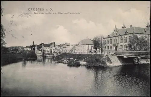 Crossen Oder Krosno Odrzańskie Partie am Jordan mit Mädchen-Volksschule 1911