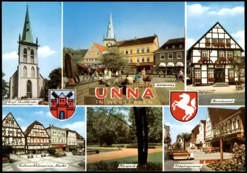 Unna Mehrbildkarte mit Kirche, Markt, Kurpark, Fußgängerzone 1990