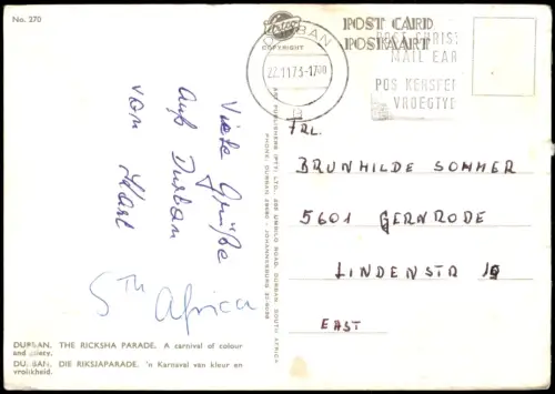 Postcard Durban Rikschaparade 1973