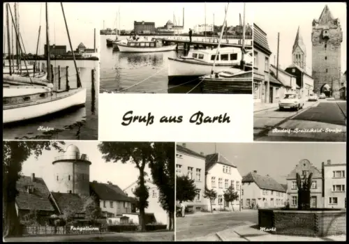 Ansichtskarte Barth Mehrbildansicht mit Hafen, Fangelturm und Marktplatz 1973