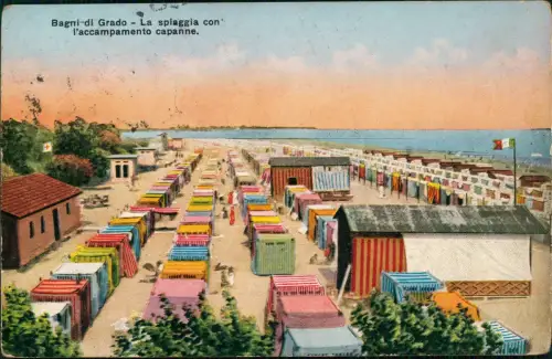 Cartolina Grado Grau La spiaggia con l'accampamento capanne. 1925