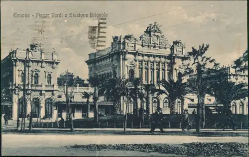 Cartolina Genua Genova (Zena) Piazza Verdi e Stazione Brignole 1924