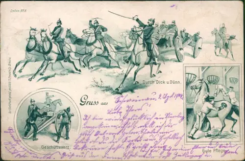 Litho AK Militaria Soldaten Pferde 3 Bild Durch Dick und Dünn 1902